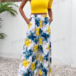 VCAY Women Summer Solid Color Cropped One Shoulder Short Bubble Sleeve Top And Floral Print Wide Leg Pants Elegant Vacation Two Piece Set