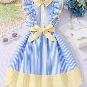 Young Girl 1pc Cute Casual Elegant Striped Dress With Turn-Down Collar And Bow Belt, For Travel And Summer Vacations