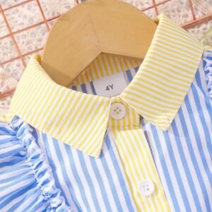 Young Girl 1pc Cute Casual Elegant Striped Dress With Turn-Down Collar And Bow Belt, For Travel And Summer Vacations