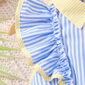 Young Girl 1pc Cute Casual Elegant Striped Dress With Turn-Down Collar And Bow Belt, For Travel And Summer Vacations