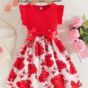 Young Girl Summer New Arrival Ruffle Sleeve & Pocket Patchwork Lovely Floral Printed Fashion Dress