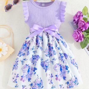 Young Girl Summer New Arrival Ruffle Sleeve & Pocket Patchwork Lovely Floral Printed Fashion Dress