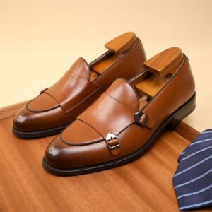 Men's Slip-On Loafers, British Style Formal Business Casual Slip-On Shoes, Dual Buckle Comfortable Dress Shoes For Meetings