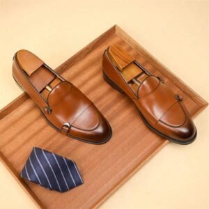 Men's Slip-On Loafers, British Style Formal Business Casual Slip-On Shoes, Dual Buckle Comfortable Dress Shoes For Meetings