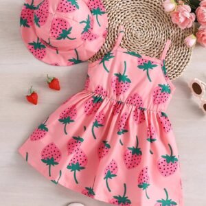 Baby Girl 2pcs Casual Style Strawberry Print Dress And Hat Set, Summer