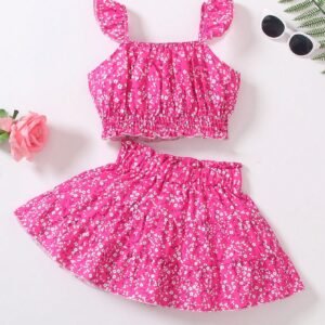 Young Girl Ditsy Floral Print Ruffle Trim Cami Top & Paperbag Waist Skirt