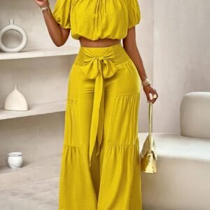 Slayr Summer Beach Vacation Style One-Shoulder Puff-Sleeved Ruffled Strapless Crop Top & Wide Leg Pants Set For Summer