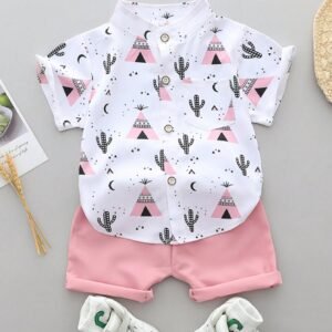 Baby Boy Summer Cartoon Printed Randomly Full-Collar Short Sleeve Shirt And Shorts Set