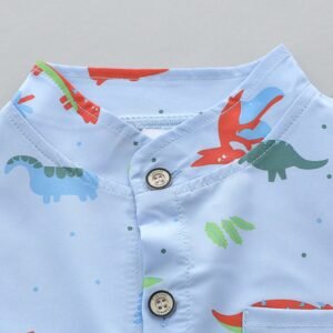 Baby Boy Summer Dinosaur Allover Print Standing Collar Short Sleeve Shirt And Shorts Set