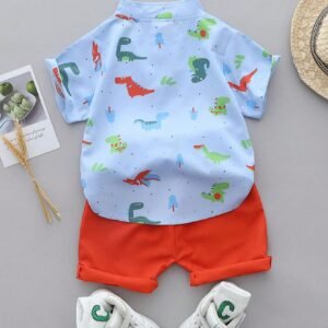 Baby Boy Summer Dinosaur Allover Print Standing Collar Short Sleeve Shirt And Shorts Set