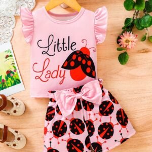 Young Girl Classic Casual Ladybug Printed Soft Comfortable Breathable Short Sleeved T-Shirt And Shorts Set