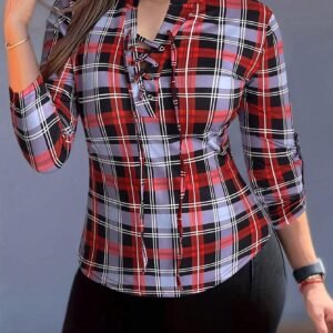 Essnce Women's V-Neck Drawstring Long Sleeve Plaid Design Casual T-Shirt