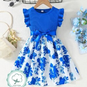 Young Girl Summer New Arrival Ruffle Sleeve & Pocket Patchwork Lovely Floral Printed Fashion Dress