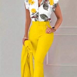 Clasi 2pcs Women's Casual Floral Print Cap Sleeve Blouse And Solid Color Pants Set, Summer