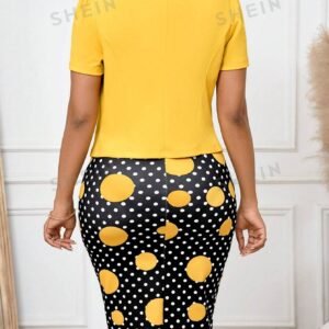 SHEIN Lady Yellow Short Jacket & Black/Yellow Polka Dot Print Slim Skirt Two-Piece Set, Business Work Party Women's Spring/Summer Outfit 2pc Set Teacher Clothes Fall Clothes Women Vintage Clothes