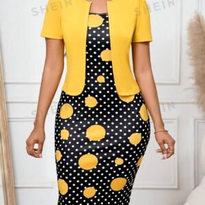 SHEIN Lady Yellow Short Jacket & Black/Yellow Polka Dot Print Slim Skirt Two-Piece Set, Business Work Party Women's Spring/Summer Outfit 2pc Set Teacher Clothes Fall Clothes Women Vintage Clothes