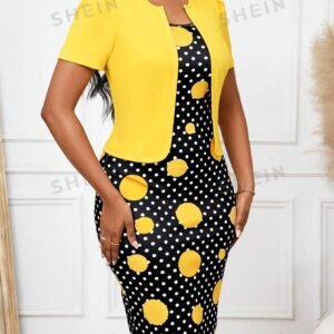 SHEIN Lady Yellow Short Jacket & Black/Yellow Polka Dot Print Slim Skirt Two-Piece Set, Business Work Party Women's Spring/Summer Outfit 2pc Set Teacher Clothes Fall Clothes Women Vintage Clothes