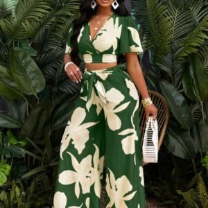 Slayr Tropical Print Ruched Butterfly Sleeve Crop Blouse & Tie Front Wide Leg Pants(Random Floral)