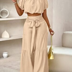 Slayr Summer Beach Vacation Style One-Shoulder Puff-Sleeved Ruffled Strapless Crop Top & Wide Leg Pants Set For Summer