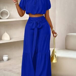 Slayr Summer Beach Vacation Style One-Shoulder Puff-Sleeved Ruffled Strapless Crop Top & Wide Leg Pants Set For Summer