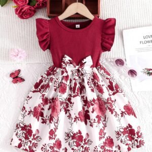 Young Girl Summer Casual Dress With Ruffled Sleeves, Bow Detail And Printed Rose Pattern