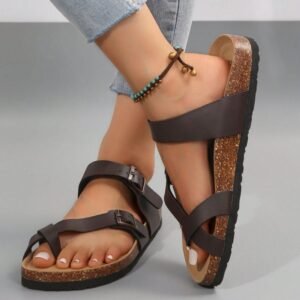 Women's Flat Cork Sandals, Summer Sandals Toe Loop Cross Strap, Retro Style & Casual Sandals With Adjustable Strap Buckle