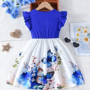 Young Girl Summer Casual Dress With Ruffled Sleeves, Bow Detail And Printed Rose Pattern