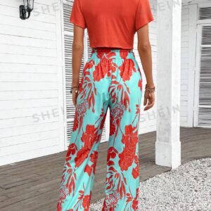 Women's Solid Color Top & Printed Long Pants, Simple Daily 2pcs Set