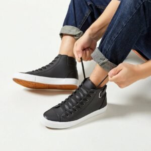 Men's White High-Top Sneakers Casual Black Pu Leather Fashion Men's Shoes