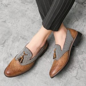 Men's Pointed Toe Carved Flower Slip-On Tassel Loafers Mixed Leather Casual & Formal Shoes