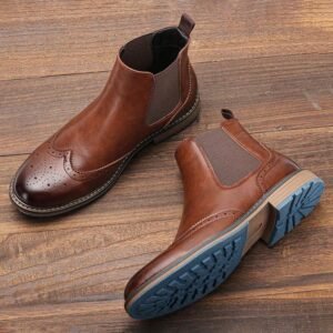 Men's Chelsea Boots, Brogue Print Leather Upper, Dual-Color Rubber Outsole Anti-Slip , Commuting Business Casual Retro Style Ankle Boots