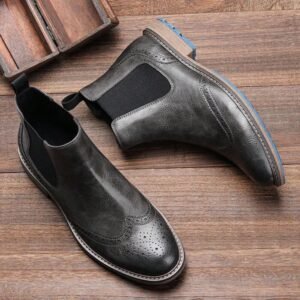 Men's Chelsea Boots, Brogue Print Leather Upper, Dual-Color Rubber Outsole Anti-Slip , Commuting Business Casual Retro Style Ankle Boots