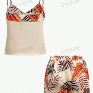 SHEIN Essnce 2pcs Women's Plant Printed Camisole Top And Shorts Set