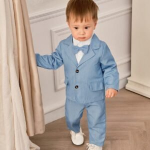 Souflis Baby Boy/Girl Gentleman Suit Set, Light Blue Dual Pocket Double Breasted Design, European & American Style, Essential For Baby Gentleman, Fashionable & Dashing, Suitable For Birthday, Wedding And Party