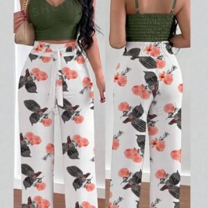 LUNE 2pcs/Set Women Floral Print Spaghetti Strap Backless Crop Top And Wide Leg Pants With Elastic Waist