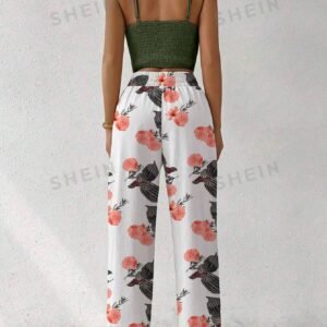 LUNE 2pcs/Set Women Floral Print Spaghetti Strap Backless Crop Top And Wide Leg Pants With Elastic Waist