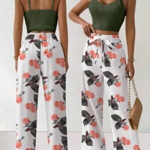 LUNE 2pcs/Set Women Floral Print Spaghetti Strap Backless Crop Top And Wide Leg Pants With Elastic Waist