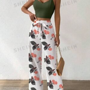 LUNE 2pcs/Set Women Floral Print Spaghetti Strap Backless Crop Top And Wide Leg Pants With Elastic Waist