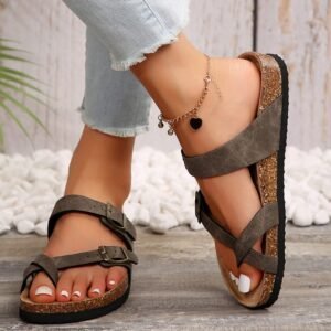 Women's Flat Cork Sandals, Summer Sandals Toe Loop Cross Strap, Retro Style & Casual Sandals With Adjustable Strap Buckle