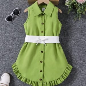 Young Girls' Vacation New Spring Summer Curved Hem Ruffle Waist Belt Shirt Dress