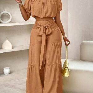 Slayr Summer Beach Vacation Style One-Shoulder Puff-Sleeved Ruffled Strapless Crop Top & Wide Leg Pants Set For Summer