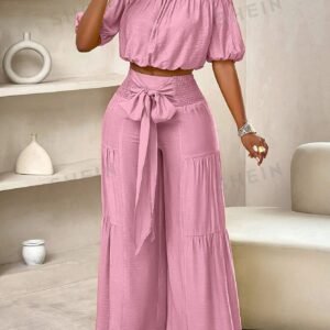 Slayr Summer Beach Vacation Style One-Shoulder Puff-Sleeved Ruffled Strapless Crop Top & Wide Leg Pants Set For Summer