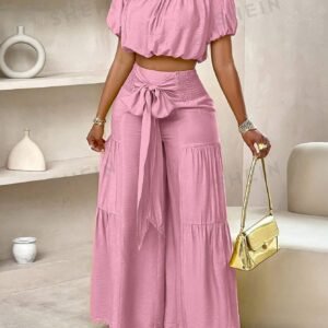 Slayr Summer Beach Vacation Style One-Shoulder Puff-Sleeved Ruffled Strapless Crop Top & Wide Leg Pants Set For Summer