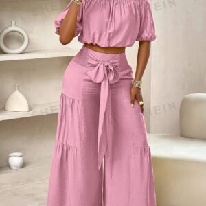 Slayr Summer Beach Vacation Style One-Shoulder Puff-Sleeved Ruffled Strapless Crop Top & Wide Leg Pants Set For Summer