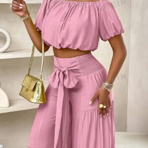 Slayr Summer Beach Vacation Style One-Shoulder Puff-Sleeved Ruffled Strapless Crop Top & Wide Leg Pants Set For Summer