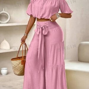 Slayr Summer Beach Vacation Style One-Shoulder Puff-Sleeved Ruffled Strapless Crop Top & Wide Leg Pants Set For Summer