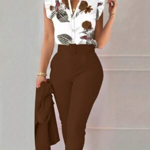 Clasi 2pcs Women's Casual Floral Print Cap Sleeve Blouse And Solid Color Pants Set, Summer