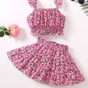 Young Girl Ditsy Floral Print Ruffle Trim Cami Top & Paperbag Waist Skirt