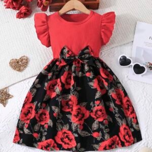 Young Girl Summer Casual Dress With Ruffled Sleeves, Bow Detail And Printed Rose Pattern