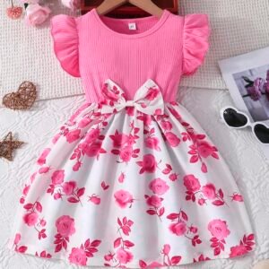 Young Girl Summer Casual Dress With Ruffled Sleeves, Bow Detail And Printed Rose Pattern